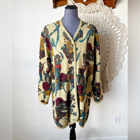 Vintage Sweaters - Geiger Collection Vintage Wool Teddy Bear Floral Long Wool Coat Size 10 Medium